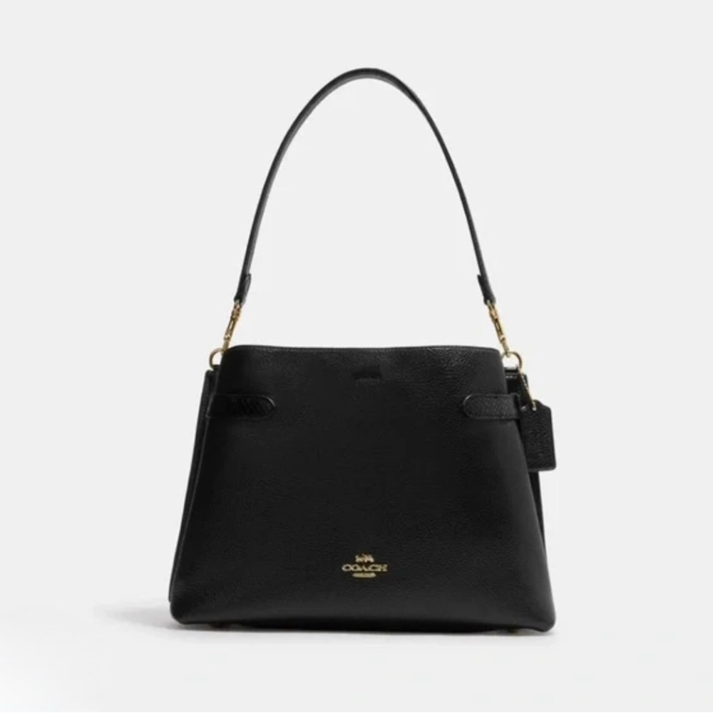 Coach Hanna Black Shoulder Bag in Refined Pebble Leather with Gold Accents